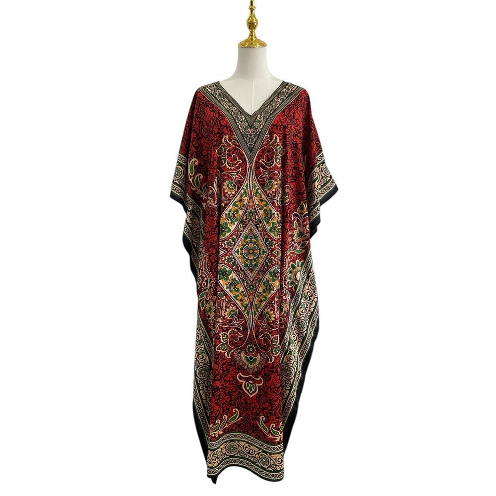 Maroon, Green Gold Tribal Print Silky Lounge Kaftan Hostess Gown size One Size
